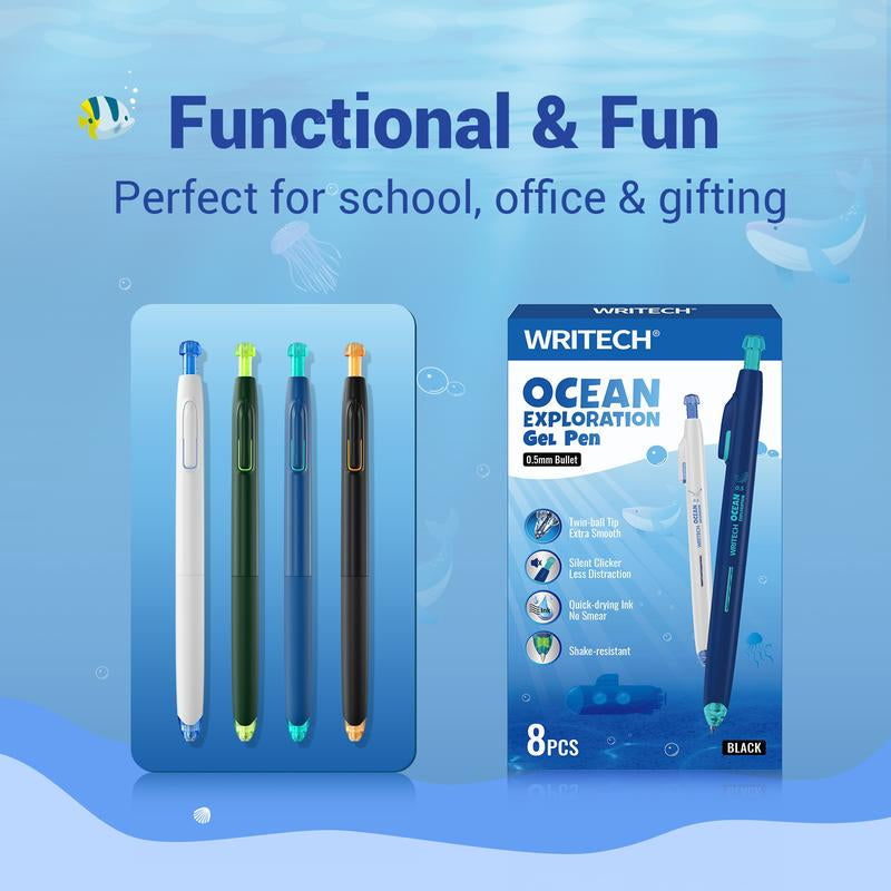 WRITECH Ocean Exploration Retractable Gel Ink Pens 8Ct Black Ink 0.5Mm Fine Point Tip Click Pen for Smooth Writing Journaling Note Taking & Sketching Inspired by Ocean Life