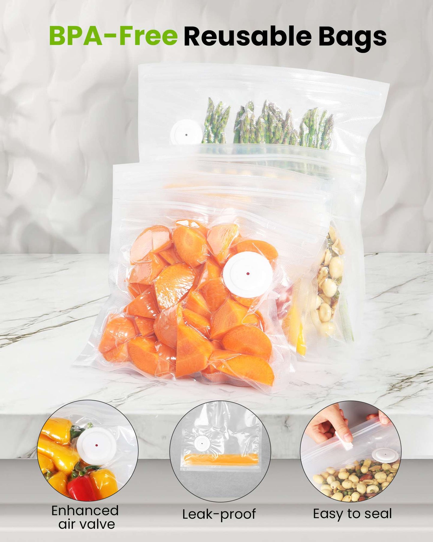 Reusable vacuum storage bags with vegetables