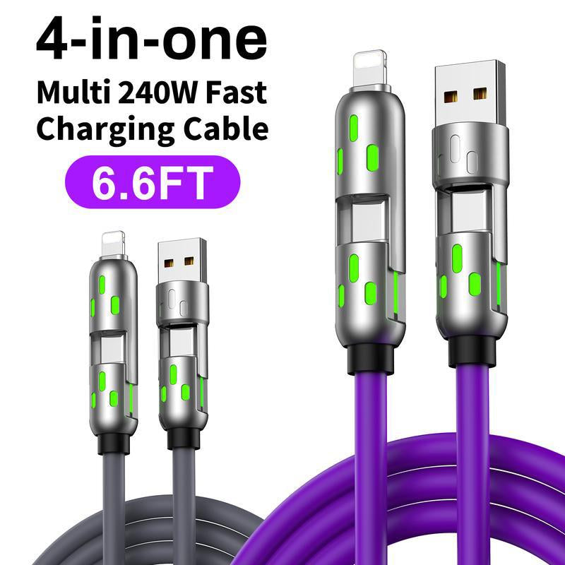 [Buy 1 Get 1 Free]-6.6Ft-240W 4-In-1 USB-C Cable, PD 5A Fast Charging, Data Sync, USB-A, Type-C, Lightning, Aluminum, Compatible with Iphone 16/15, Ipad, Samsung, Laptops