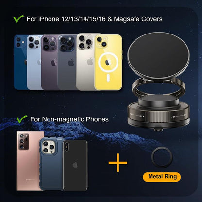 360° Vacuum Magnetic Phone Holder, Hands-Free ，For Gym/Mirror/Shower/Smooth Surface, Strong Suction Cup Magnetic Car Phone Holder for All Smartphones & All Car Models Adjustable