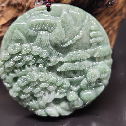 Natural Scenery Jadeite Jade Pendant Necklace, Chinese Vintage Style Outdoor Landscape, Burmese Jadeite, Certified Grade A Jade, Hand Carved