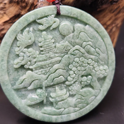 Natural Scenery Jadeite Jade Pendant Necklace, Chinese Vintage Style Outdoor Landscape, Burmese Jadeite, Certified Grade A Jade, Hand Carved