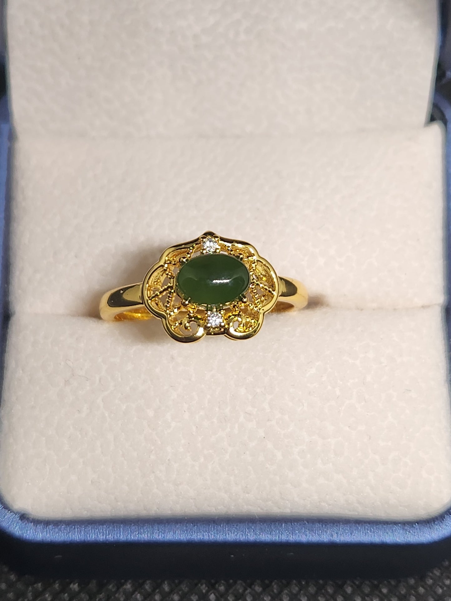 Green Jade Ring, 18k Gold Plated - Adjustable Size