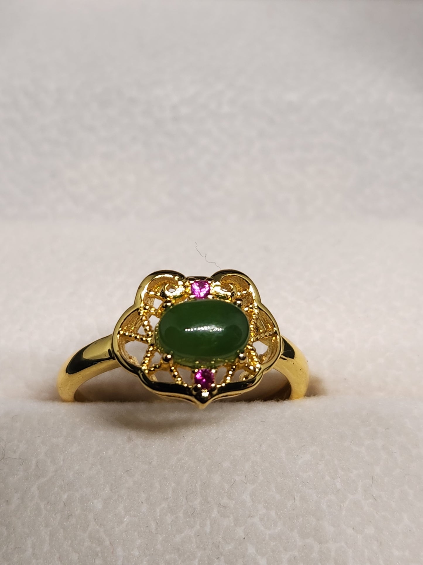 Green Jade Ring, 18k Gold Plated - Adjustable Size