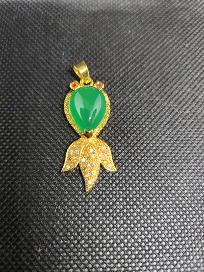 Gold Fish with Green Ice Jade Pendant, 24k Gold Plated