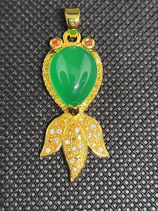 Gold Fish with Green Ice Jade Pendant, 24k Gold Plated