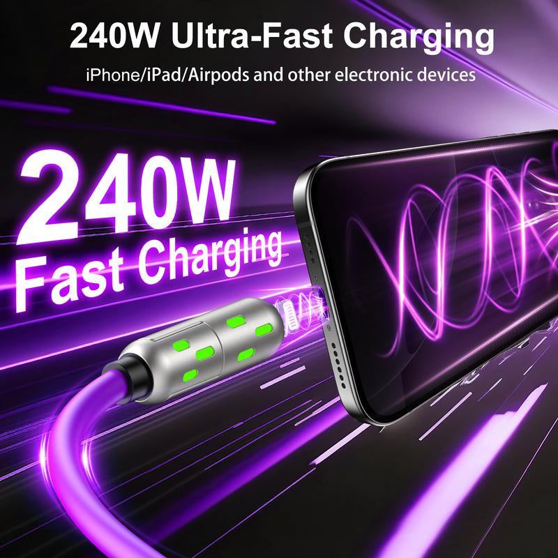 [Buy 1 Get 1 Free]-6.6Ft-240W 4-In-1 USB-C Cable, PD 5A Fast Charging, Data Sync, USB-A, Type-C, Lightning, Aluminum, Compatible with Iphone 16/15, Ipad, Samsung, Laptops