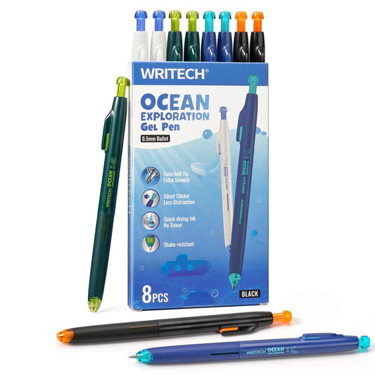 WRITECH Ocean Exploration Retractable Gel Ink Pens 8Ct Black Ink 0.5Mm Fine Point Tip Click Pen for Smooth Writing Journaling Note Taking & Sketching Inspired by Ocean Life