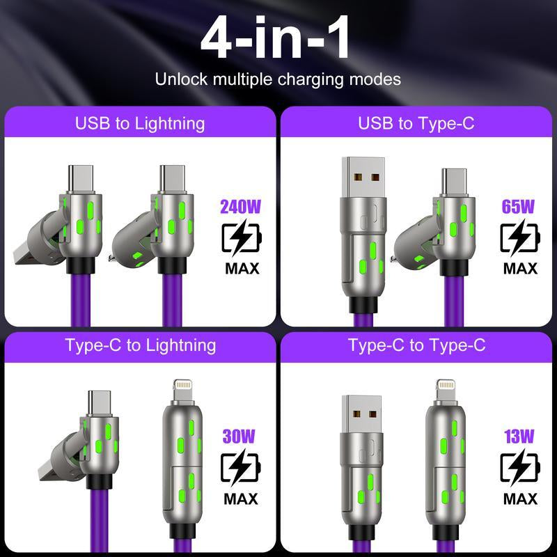 [Buy 1 Get 1 Free]-6.6Ft-240W 4-In-1 USB-C Cable, PD 5A Fast Charging, Data Sync, USB-A, Type-C, Lightning, Aluminum, Compatible with Iphone 16/15, Ipad, Samsung, Laptops