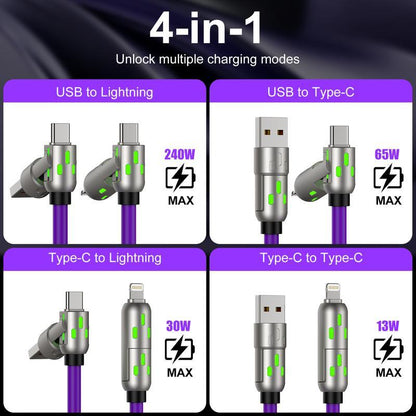 [Buy 1 Get 1 Free]-6.6Ft-240W 4-In-1 USB-C Cable, PD 5A Fast Charging, Data Sync, USB-A, Type-C, Lightning, Aluminum, Compatible with Iphone 16/15, Ipad, Samsung, Laptops
