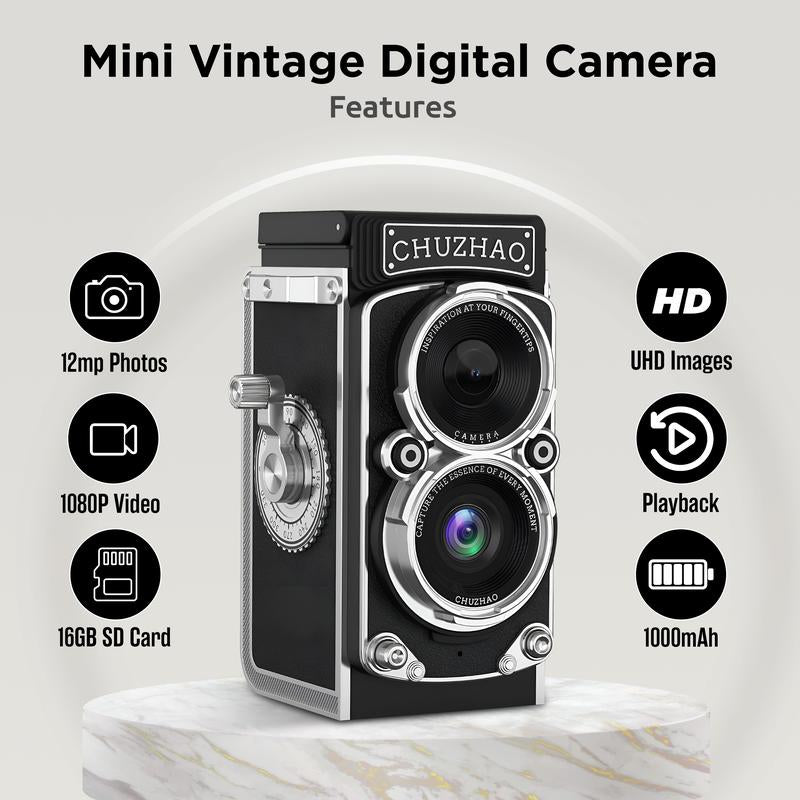 Chuzhao Digital Vintage Mini Camera, 1080P FHD Video, 12MP Autofocus, Point and Shoot Digital Camera with 32GB Card, Compact Small Vlogging Camera for Beginners Teens Adults Kids