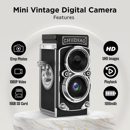 Chuzhao Digital Vintage Mini Camera, 1080P FHD Video, 12MP Autofocus, Point and Shoot Digital Camera with 32GB Card, Compact Small Vlogging Camera for Beginners Teens Adults Kids