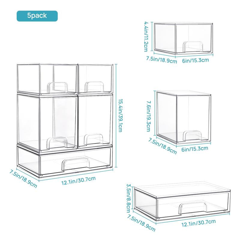 [New Arrival] VTOPMART Stackable Storage Drawers Set of 5, Clear Plastic Organizer Bins for Beauty Supplies,Ideal for Vanity, Bathroom,Cabinet,Pantry Organization