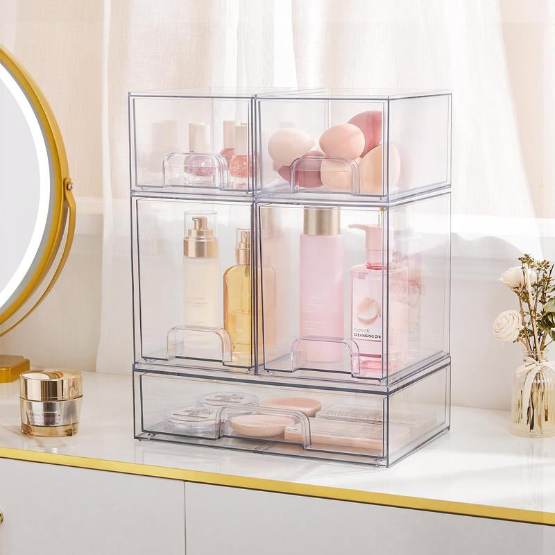 [New Arrival] VTOPMART Stackable Storage Drawers Set of 5, Clear Plastic Organizer Bins for Beauty Supplies,Ideal for Vanity, Bathroom,Cabinet,Pantry Organization