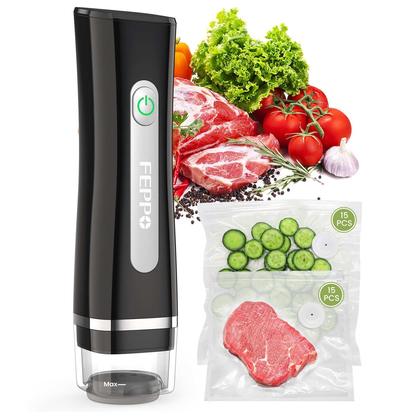 Black handheld vacuum sealer kit with reusable bags