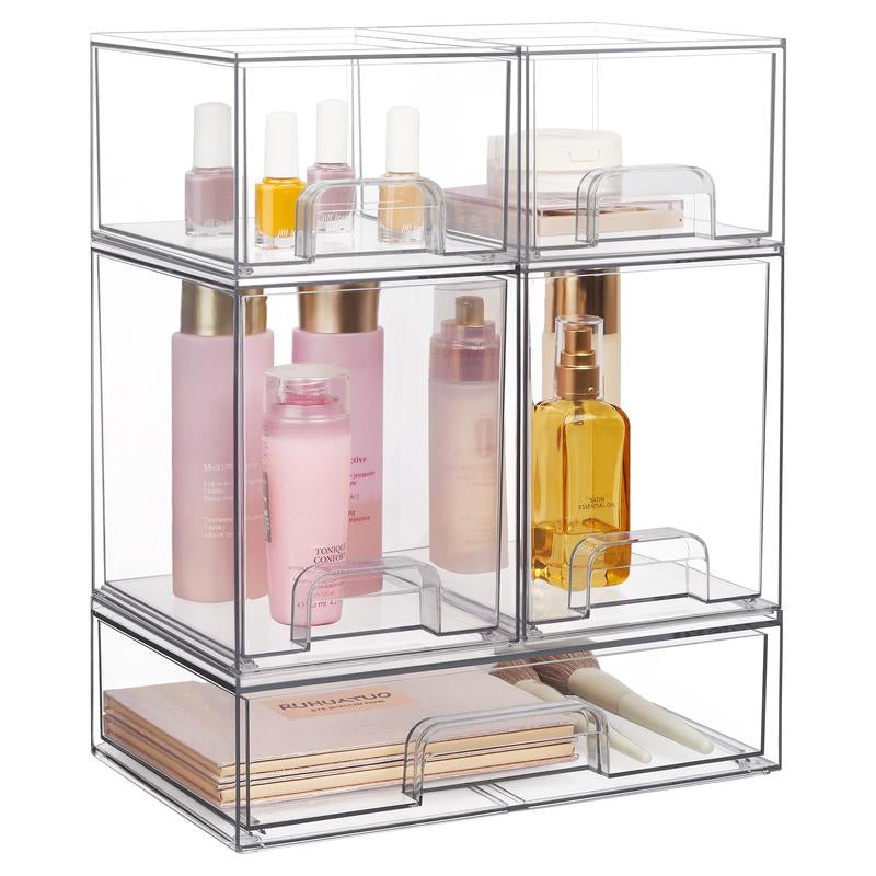 [New Arrival] VTOPMART Stackable Storage Drawers Set of 5, Clear Plastic Organizer Bins for Beauty Supplies,Ideal for Vanity, Bathroom,Cabinet,Pantry Organization