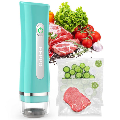 Teal handheld vacuum sealer kit with reusable bags