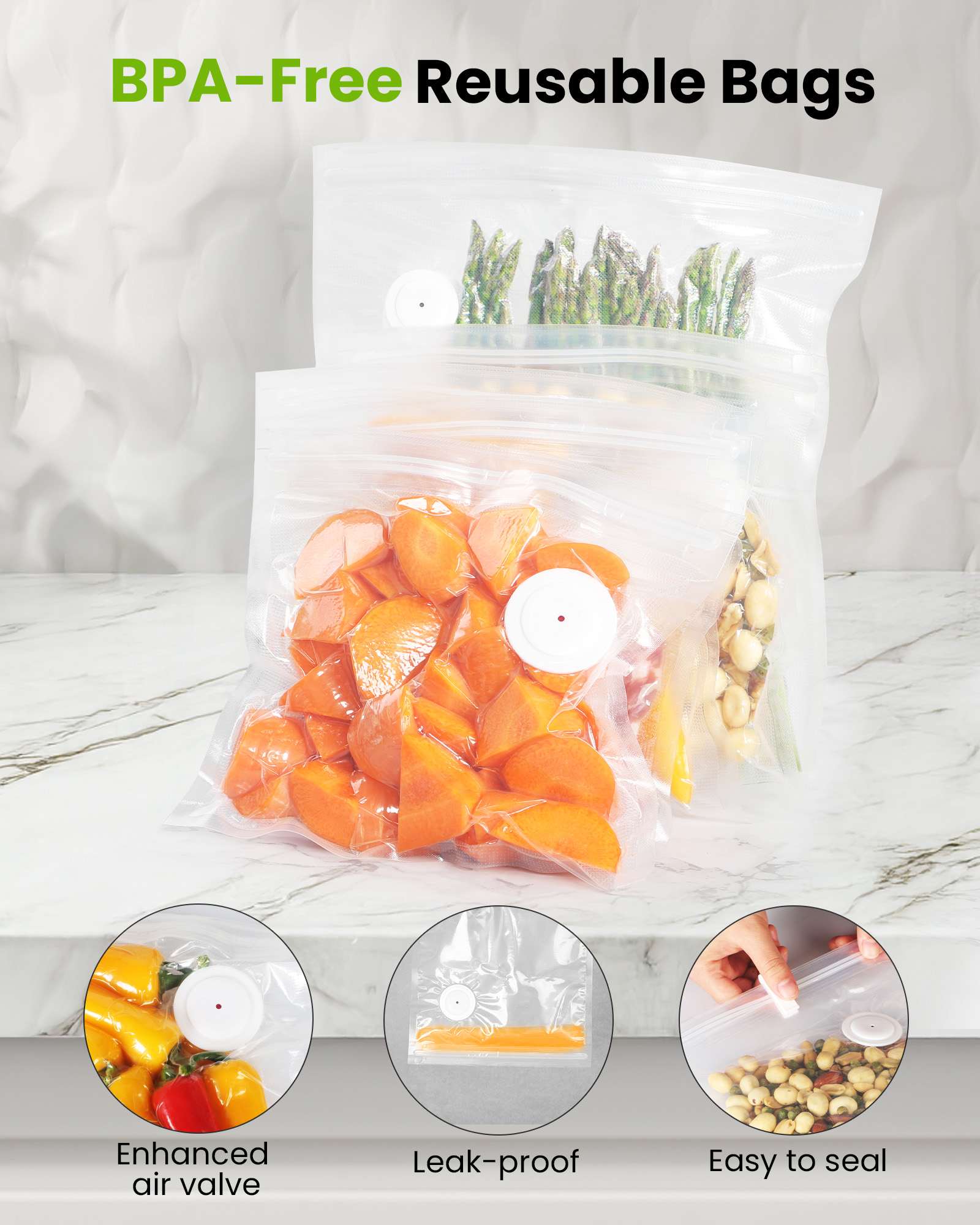 Reusable vacuum storage bags with vegetables