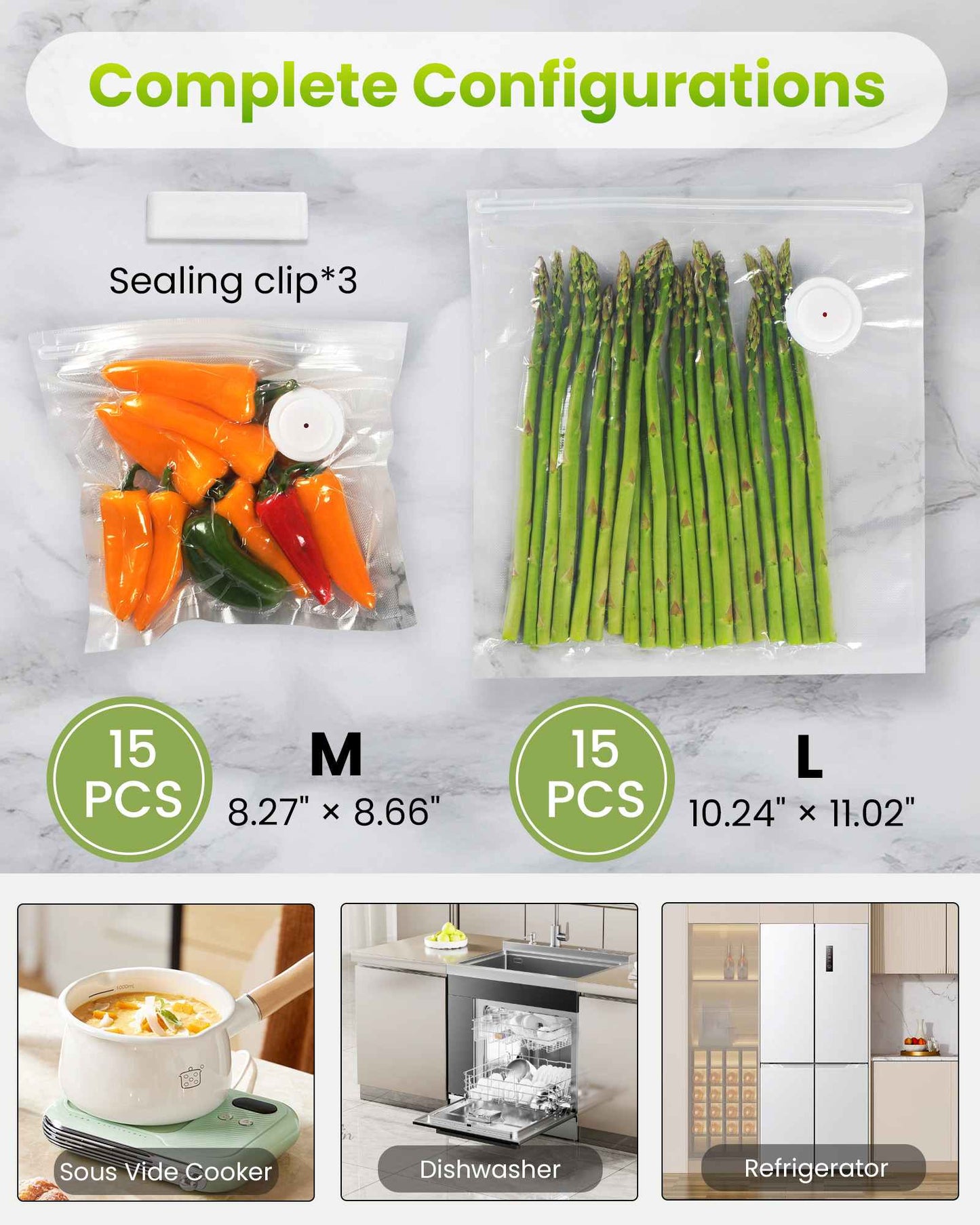 Vacuum sealer kit contents with bags clips and USB-C cable