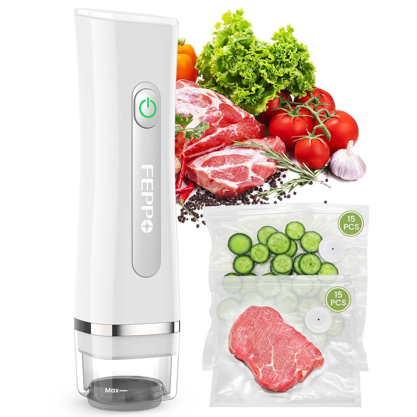 White handheld vacuum sealer kit with reusable bags